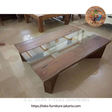 Living Room - Coffee Tables: JCT Glass Coffee Table made of teakwood, mahogany wood, trembesi wood, glass (image 1 of 3).