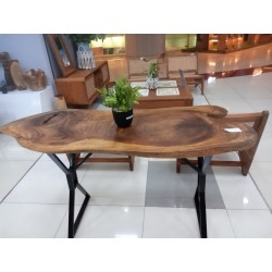 Trembesi wood console table with a unique shape and sturdy iron table legs for indoor and outdoor.