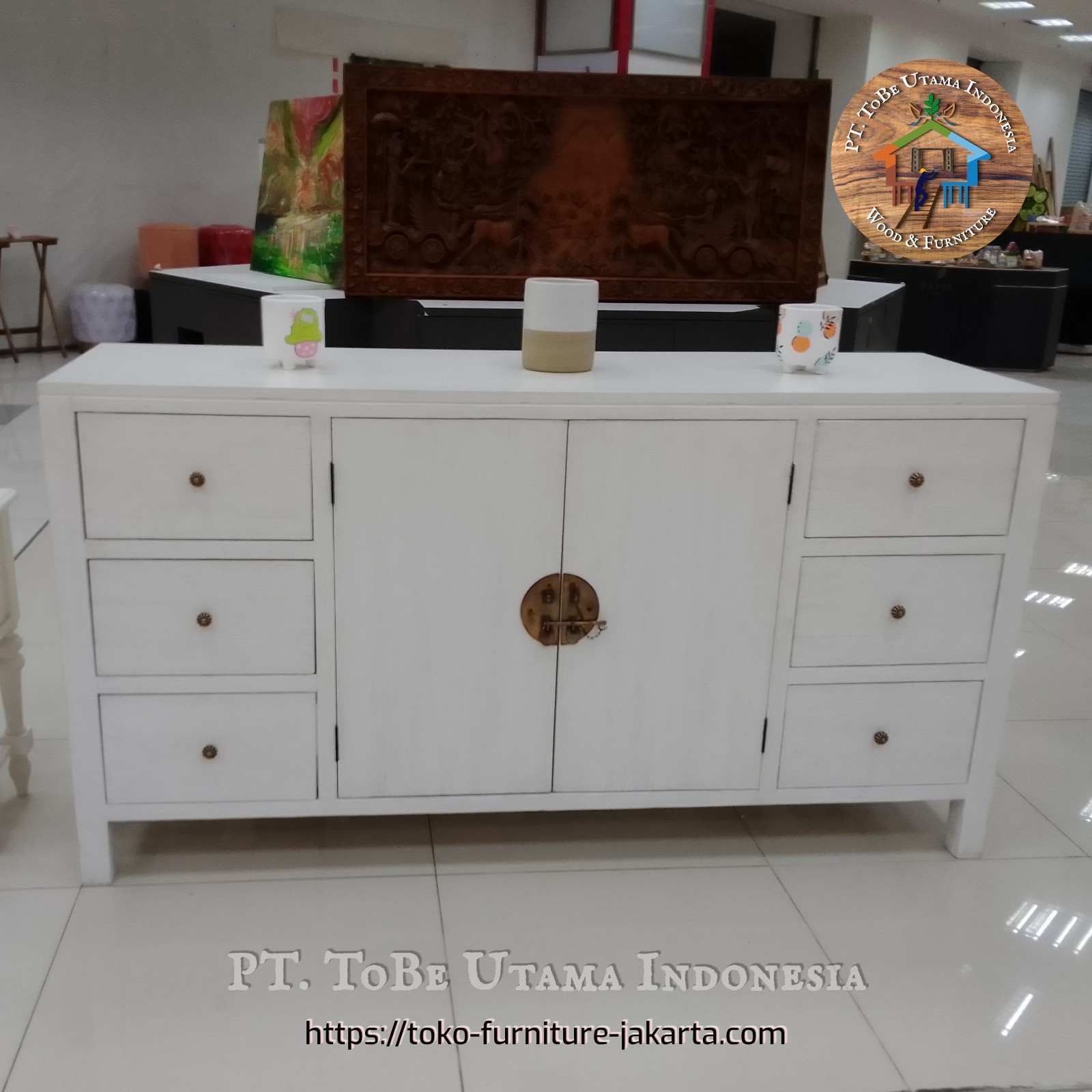 Living Room - Credenza: Cupboard White 6 Drawers made of plywood (image 1 of 1).