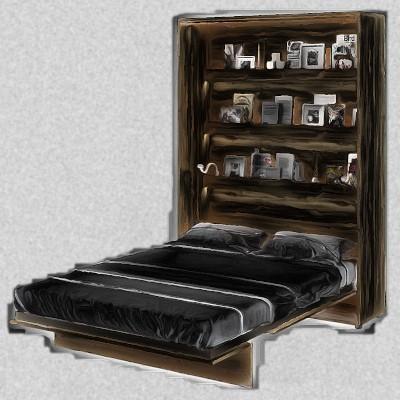 Folding bed with integrated shelf in the style of a painted picture.