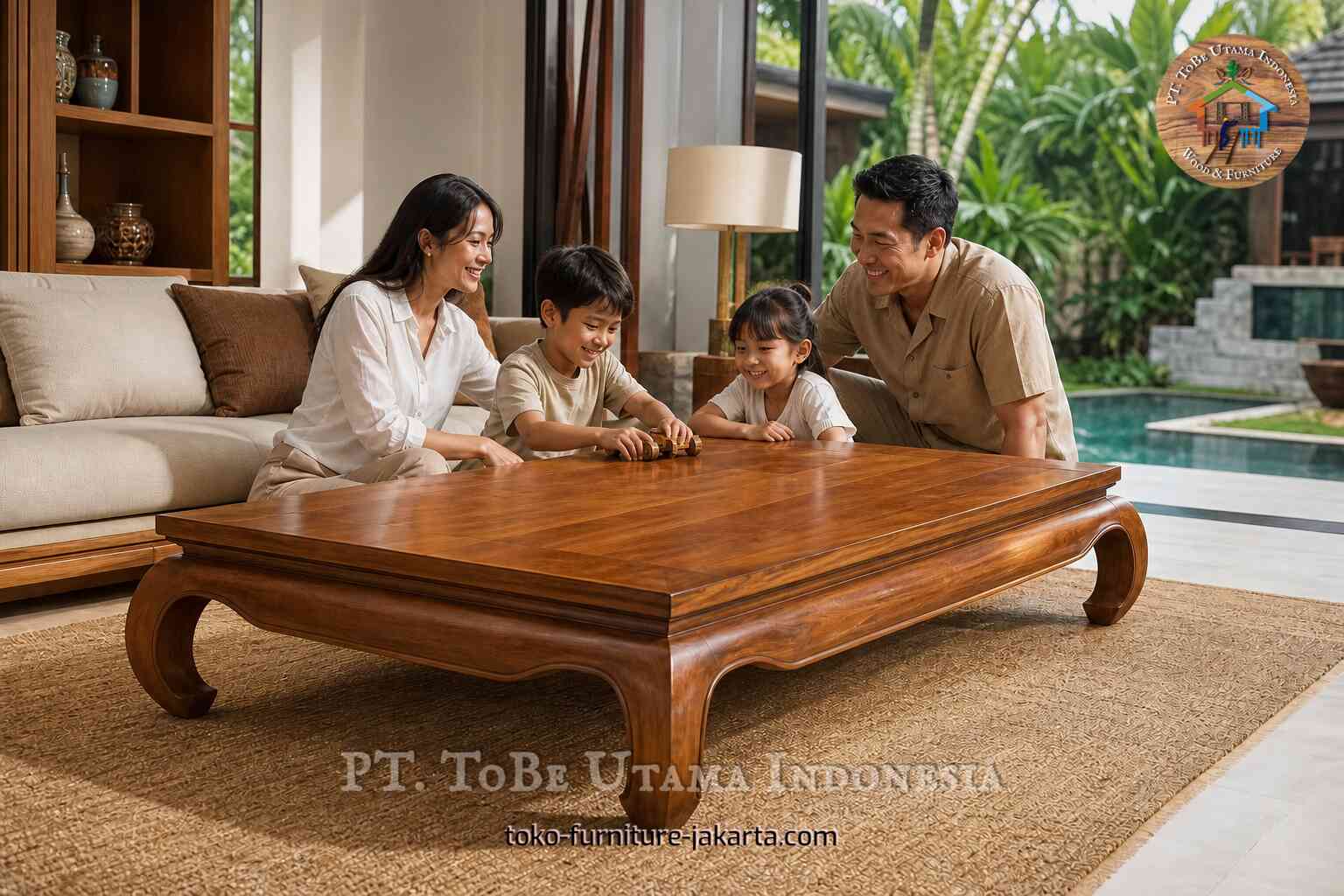 Large wood-finish coffee table in a living room with people nearby