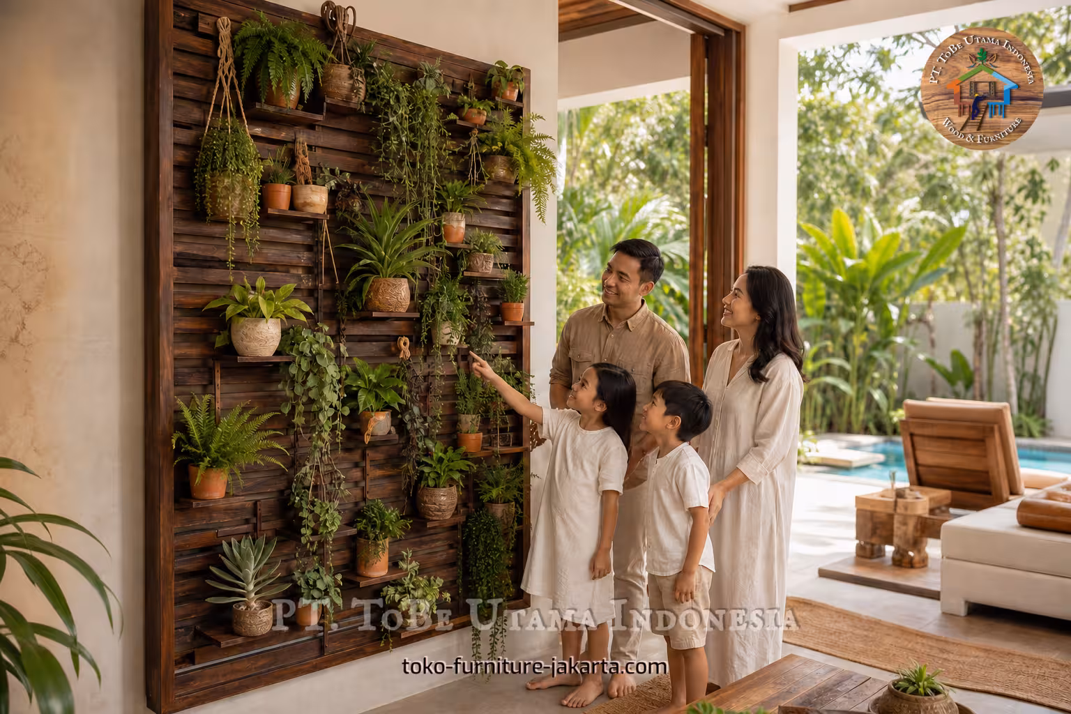 Vertical plant display wall with wood-finish slats in a living room