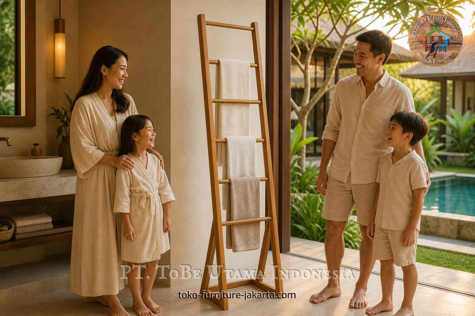 Freestanding wood-finish ladder towel rack beside a bathroom