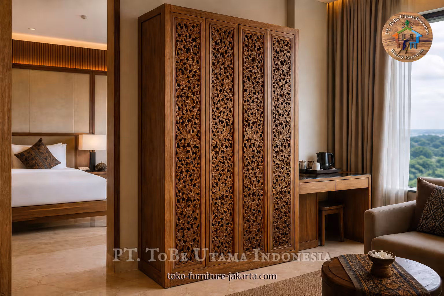 Wood-finish wardrobe with floral relief panels in a hotel room
