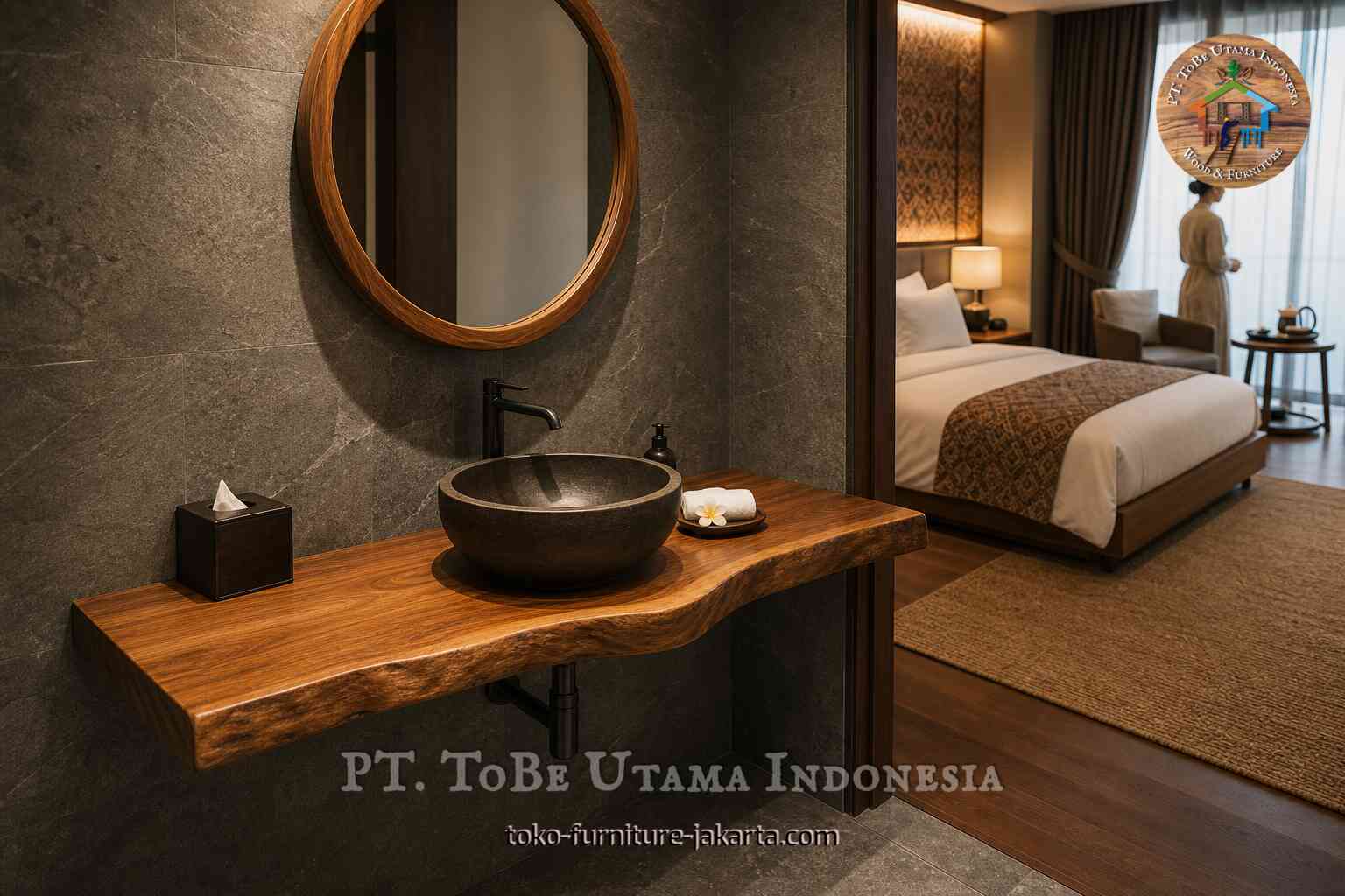 Set meja rias kamar mandi dengan finishing kayu, cermin bundar, dan wastafel.