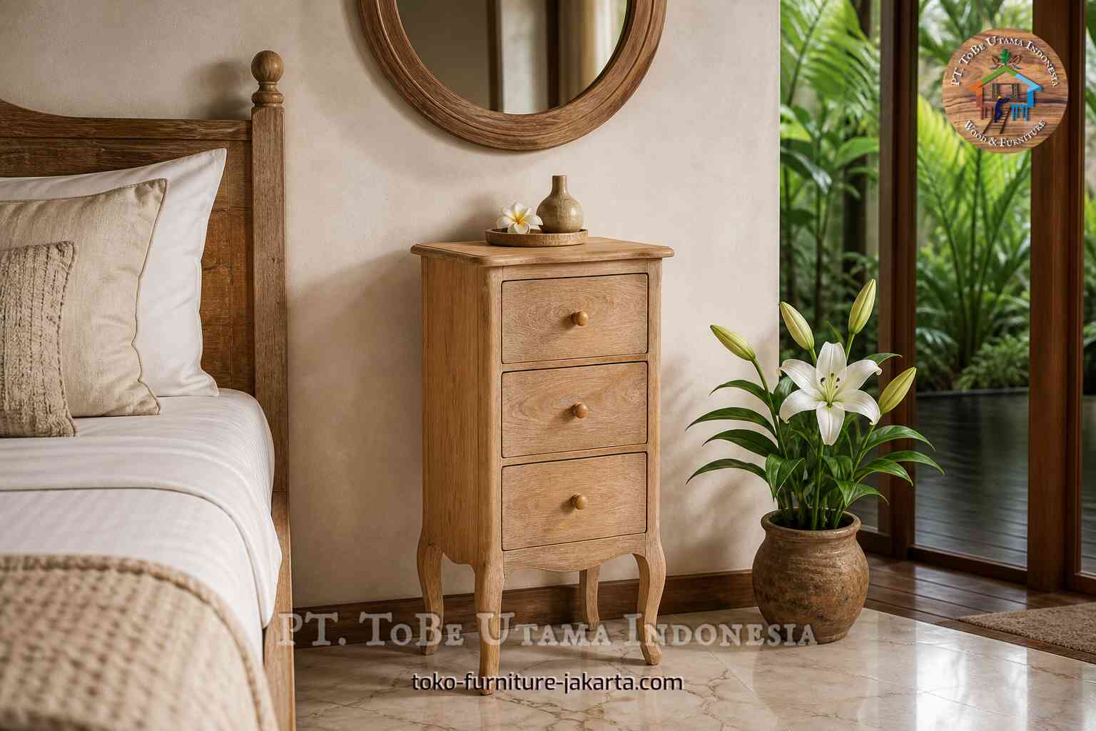 Meja nakas tiga laci dengan finishing kayu di samping tempat tidur.