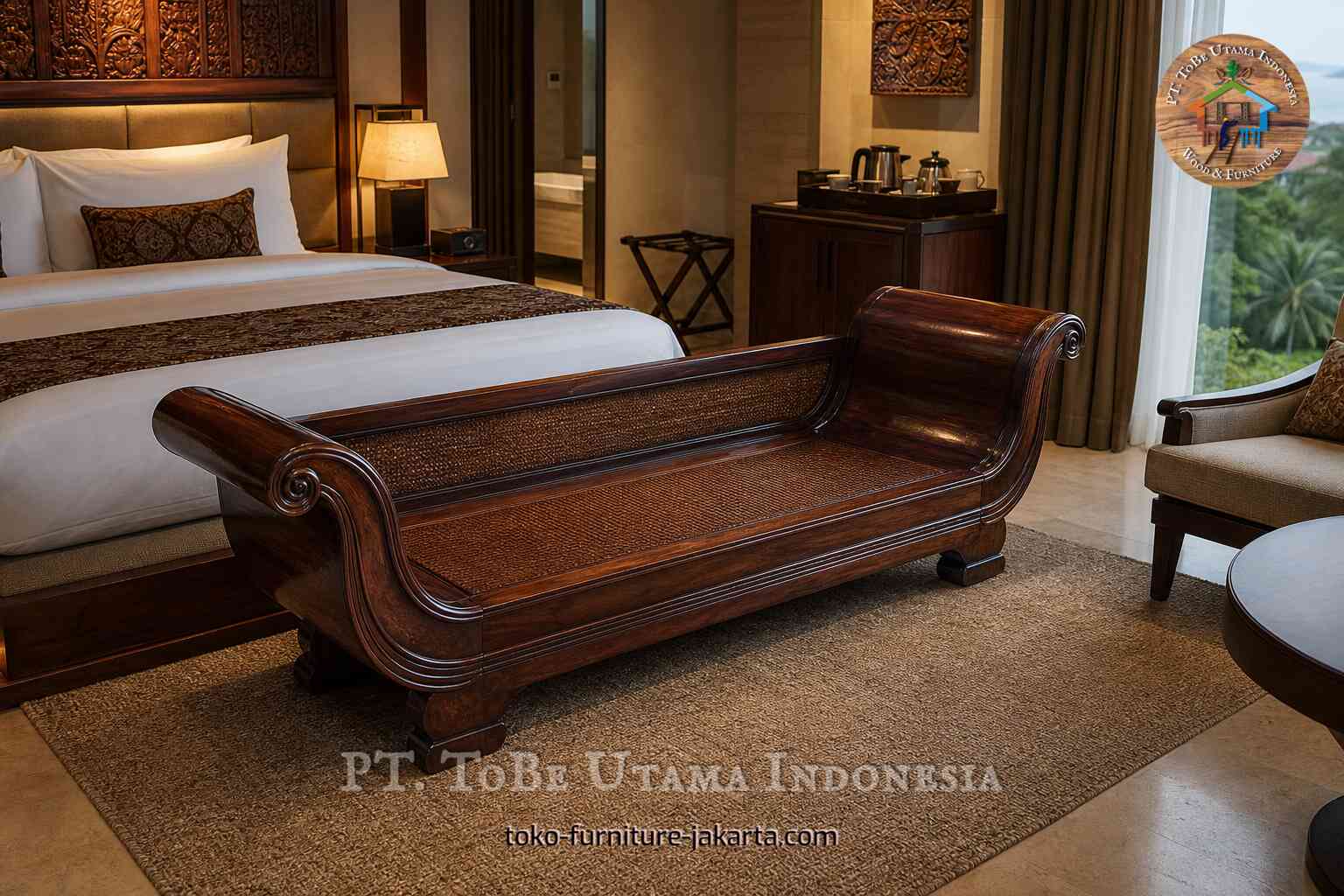 Bangku bergaya kereta luncur dengan finishing kayu di kaki tempat tidur kamar hotel.