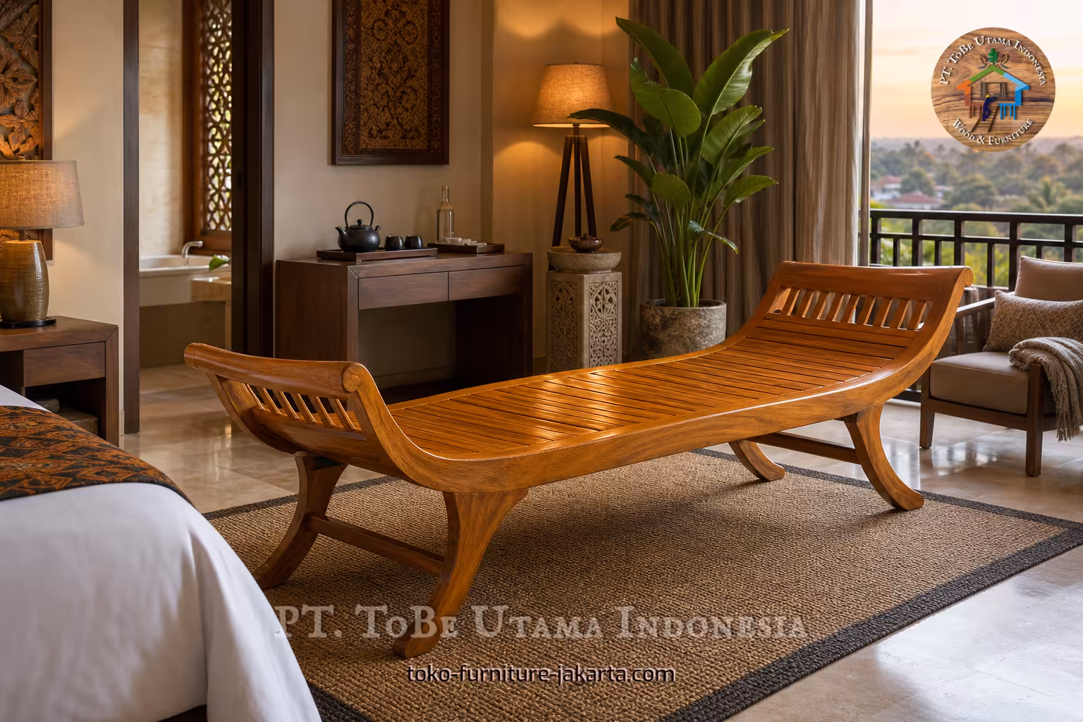 Bangku panjang berdesain kayu di kamar hotel