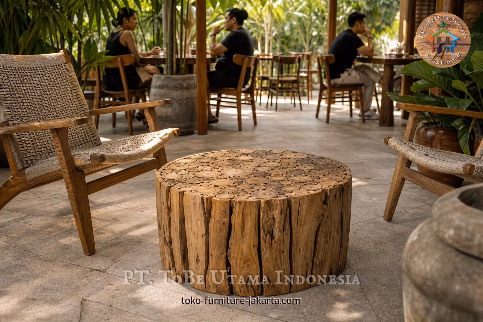 Meja kopi bundar dari kayu yang terletak di antara kursi santai di sebuah kafe luar ruangan.