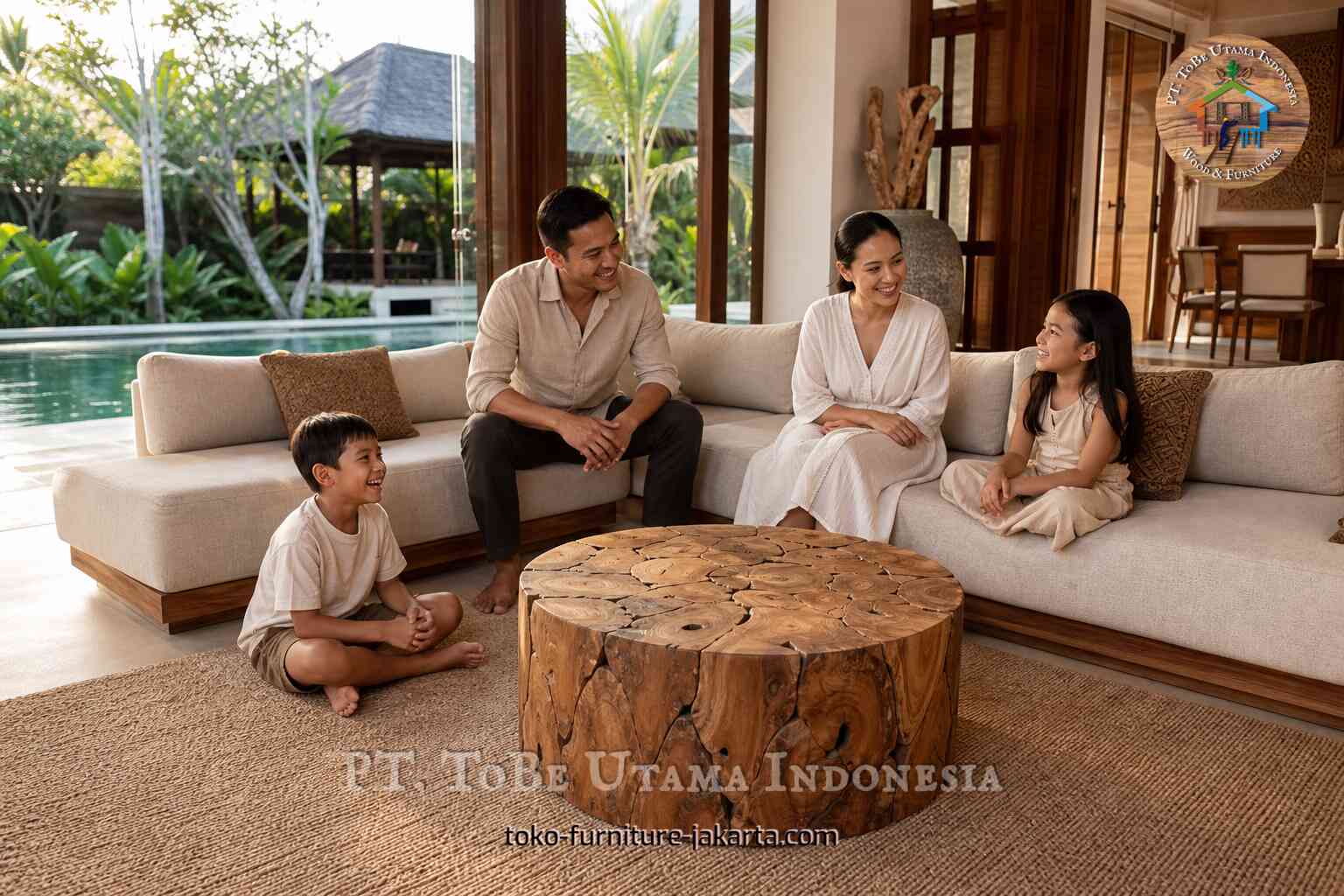 Round wood coffee table in an open family lounge by the pool