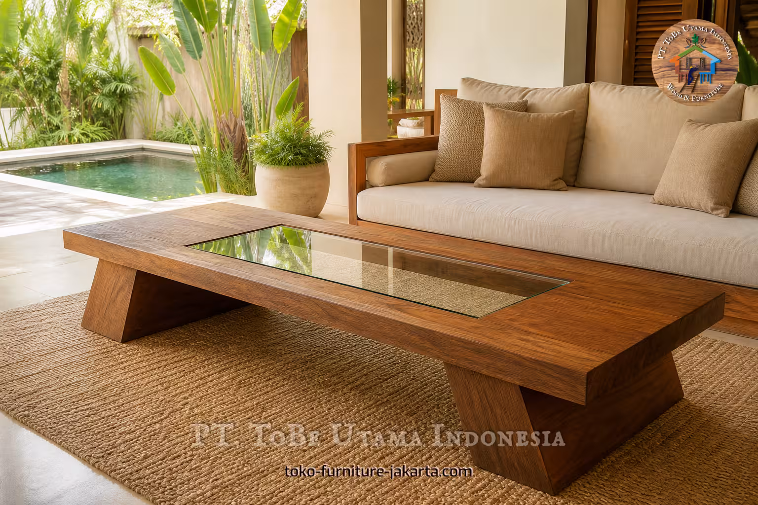 Meja kopi persegi panjang dari kayu dan kaca di ruang santai tepi kolam renang.