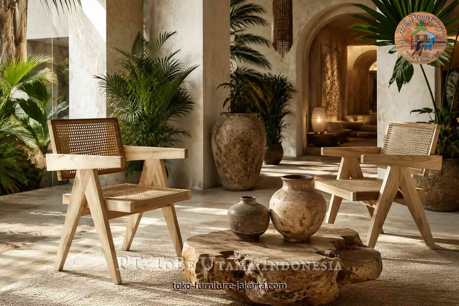 Pair of wood lounge chairs with woven panels in a covered courtyard