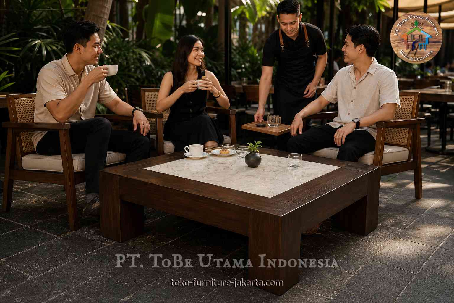 Meja lounge persegi dengan permukaan berwarna pucat menyerupai batu di sebuah kafe luar ruangan.