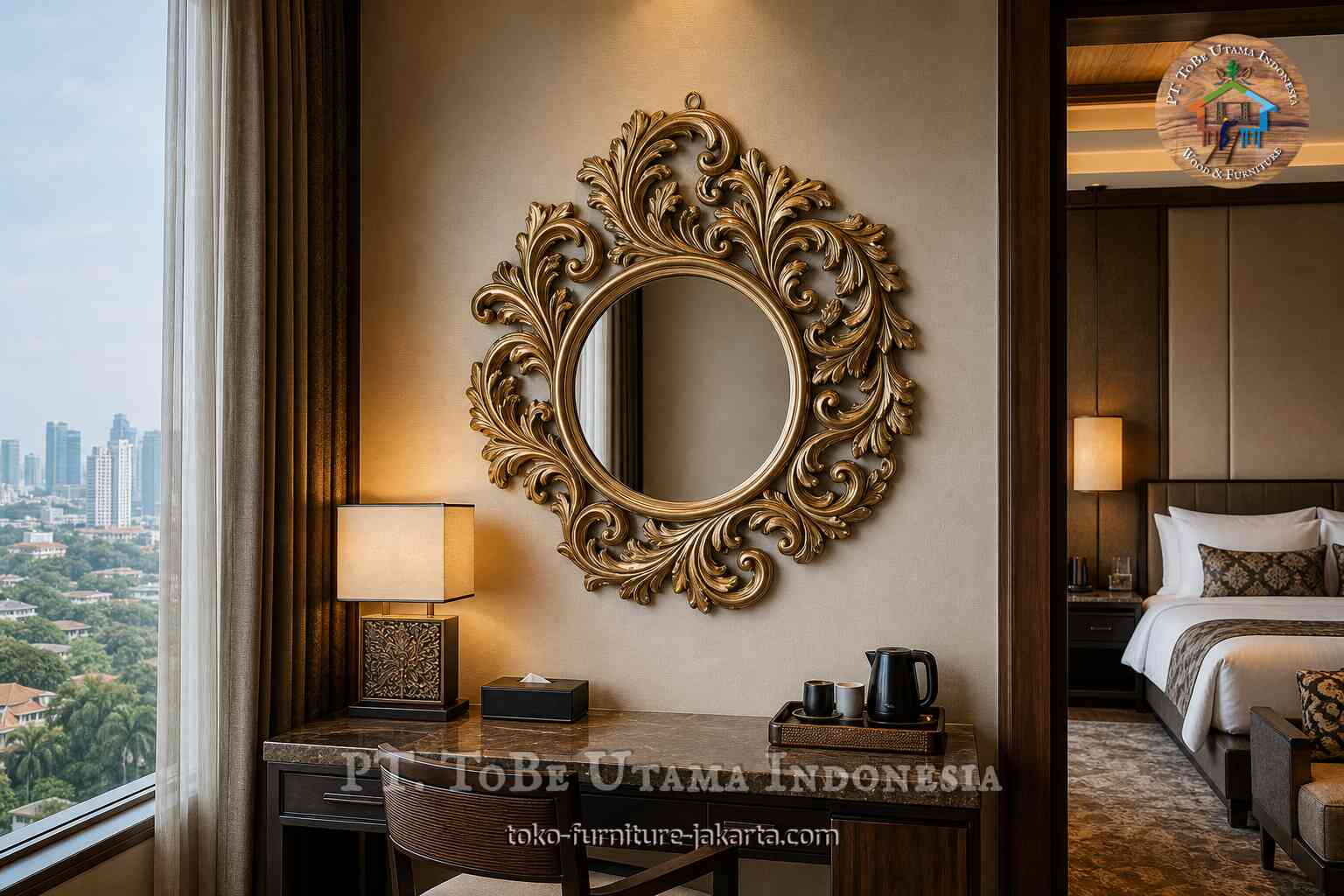 Round decorative wall mirror above a hotel room vanity