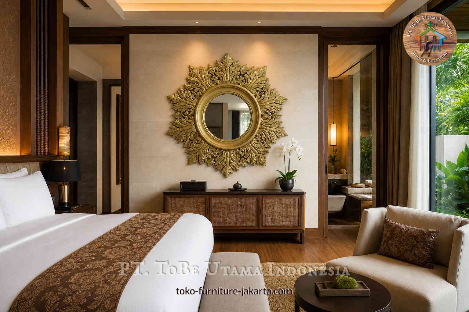 Round wall mirror with leaf motif above a console in a hotel bedroom