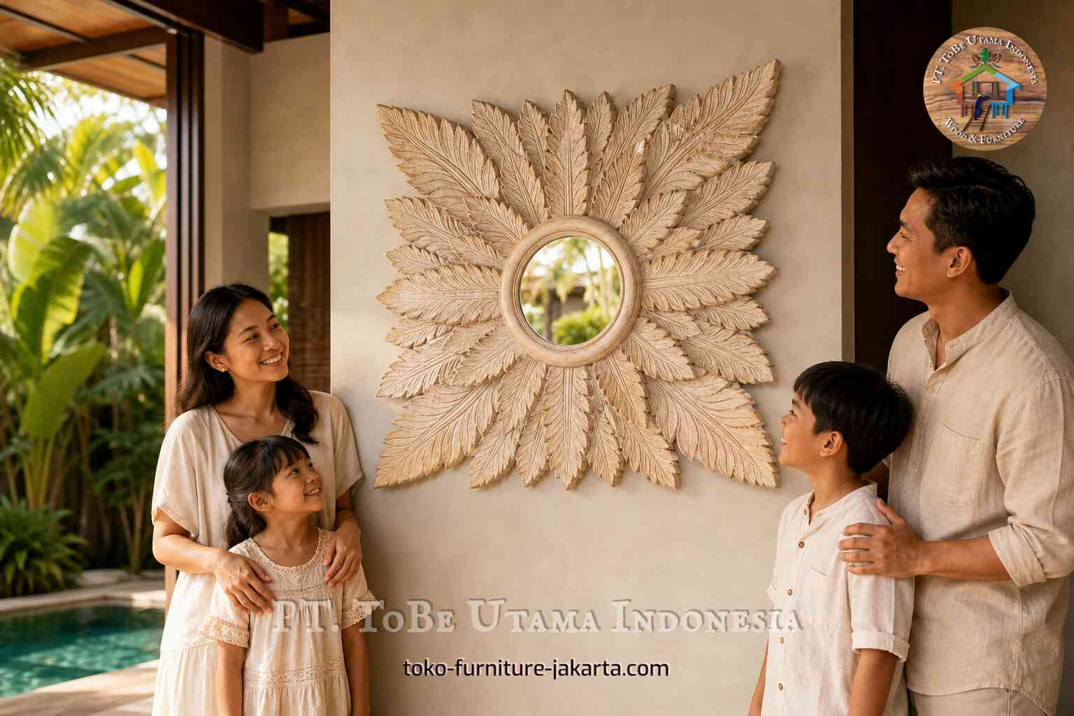 Round leaf motif wall mirror in a family lounge by the pool