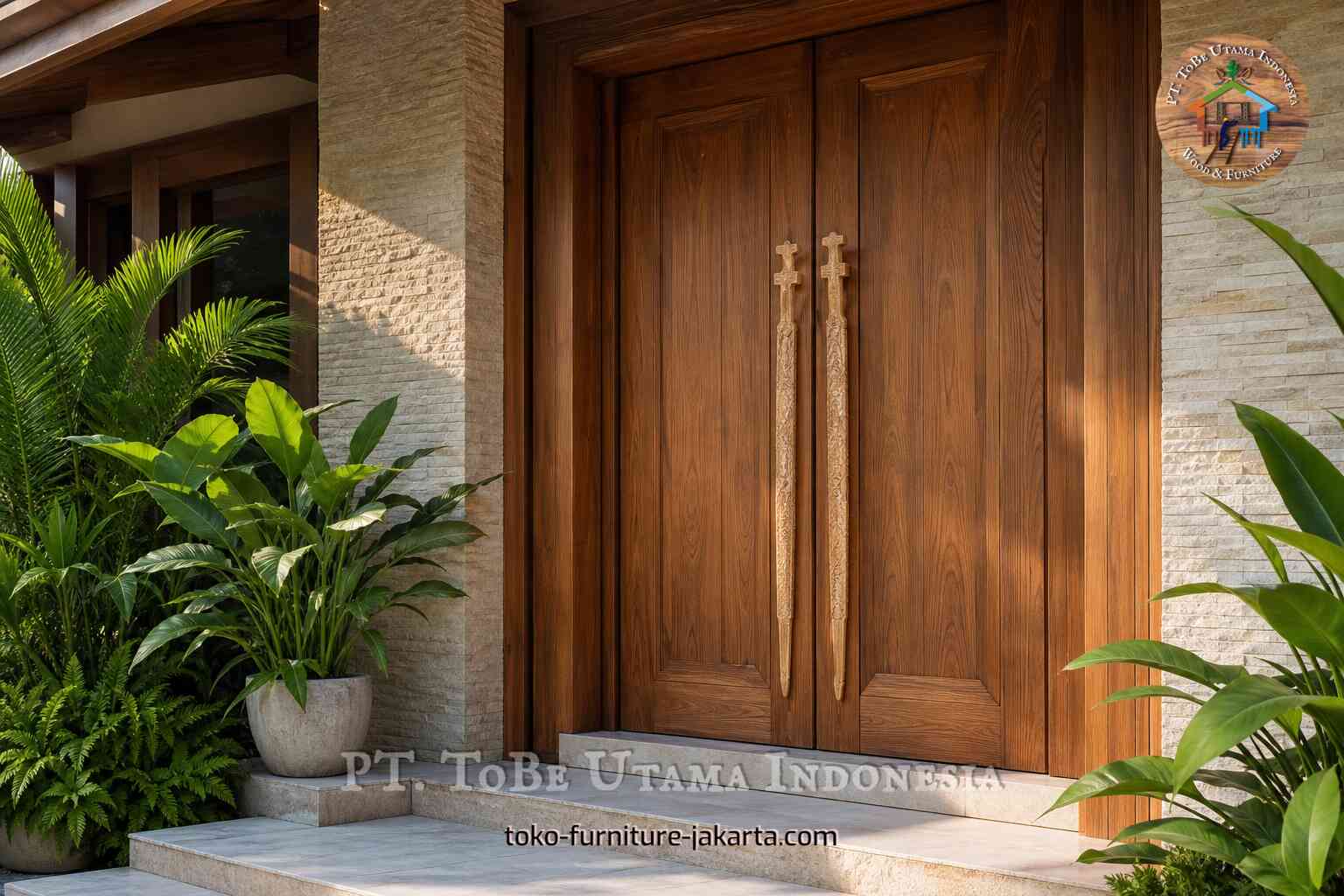 Gagang tarik dekoratif panjang pada pintu masuk ganda kayu.