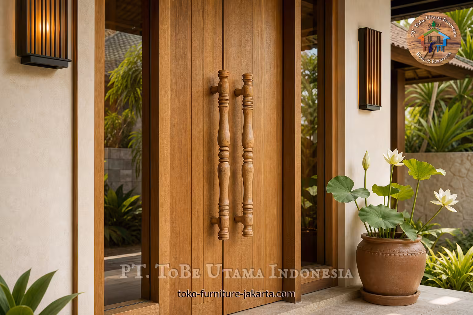 Sepasang gagang pintu kayu pada pintu masuk ganda taman.