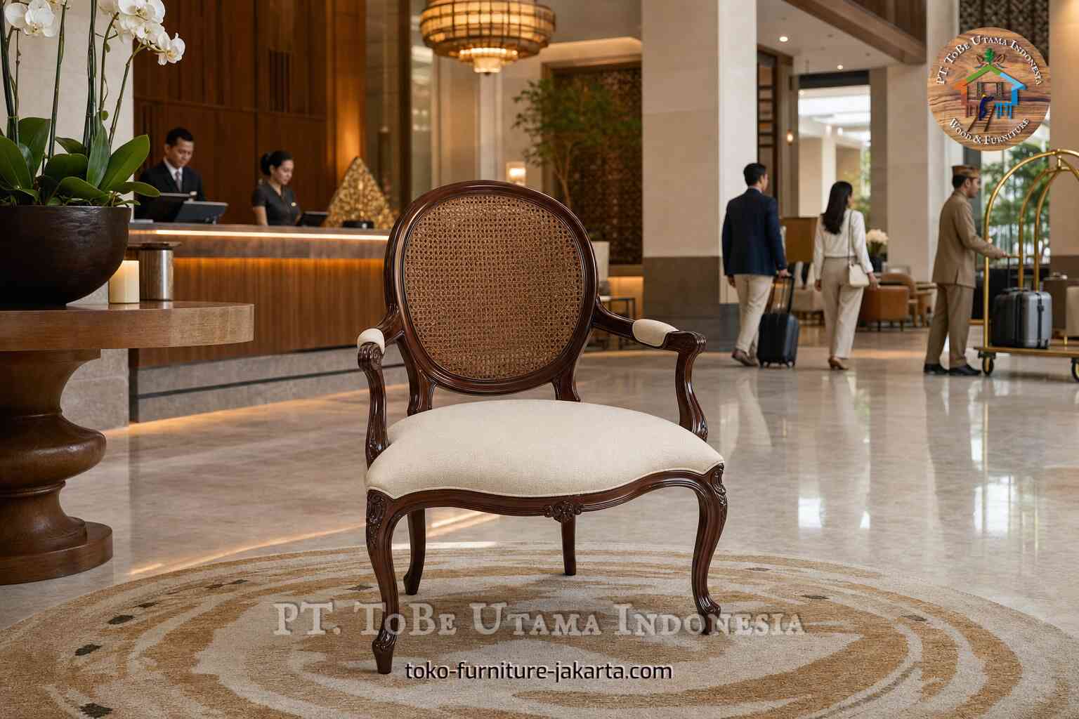 Kursi aksen tunggal dengan sandaran bulat anyaman di lobi hotel