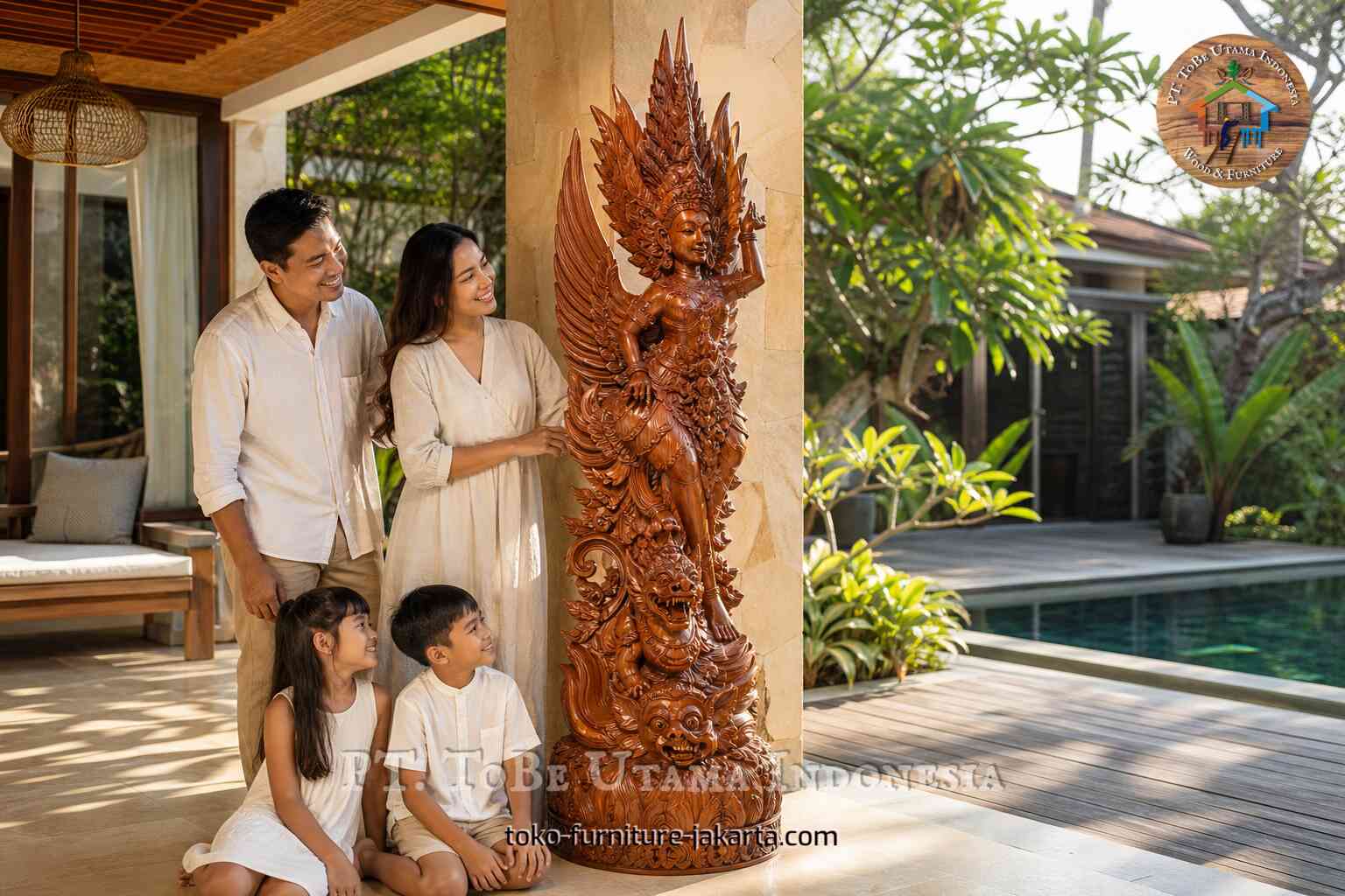 Tall carved wood-finish dancer statue displayed on a covered terrace