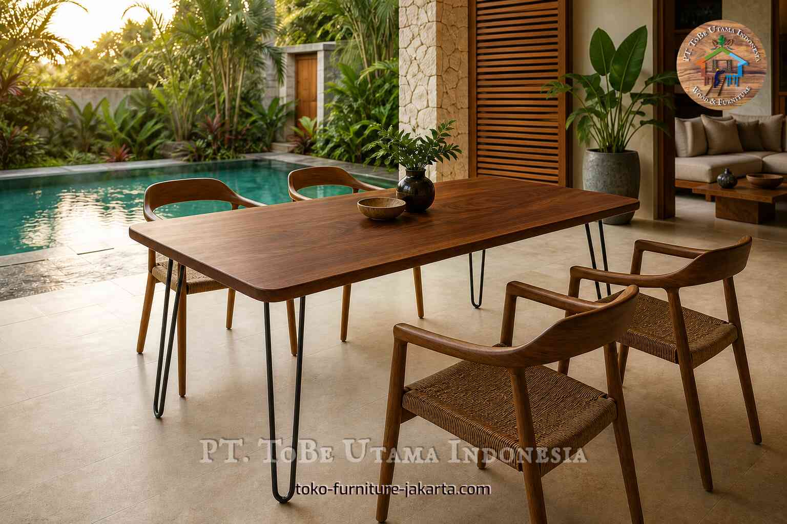 Wood dining table with chairs on a covered poolside terrace