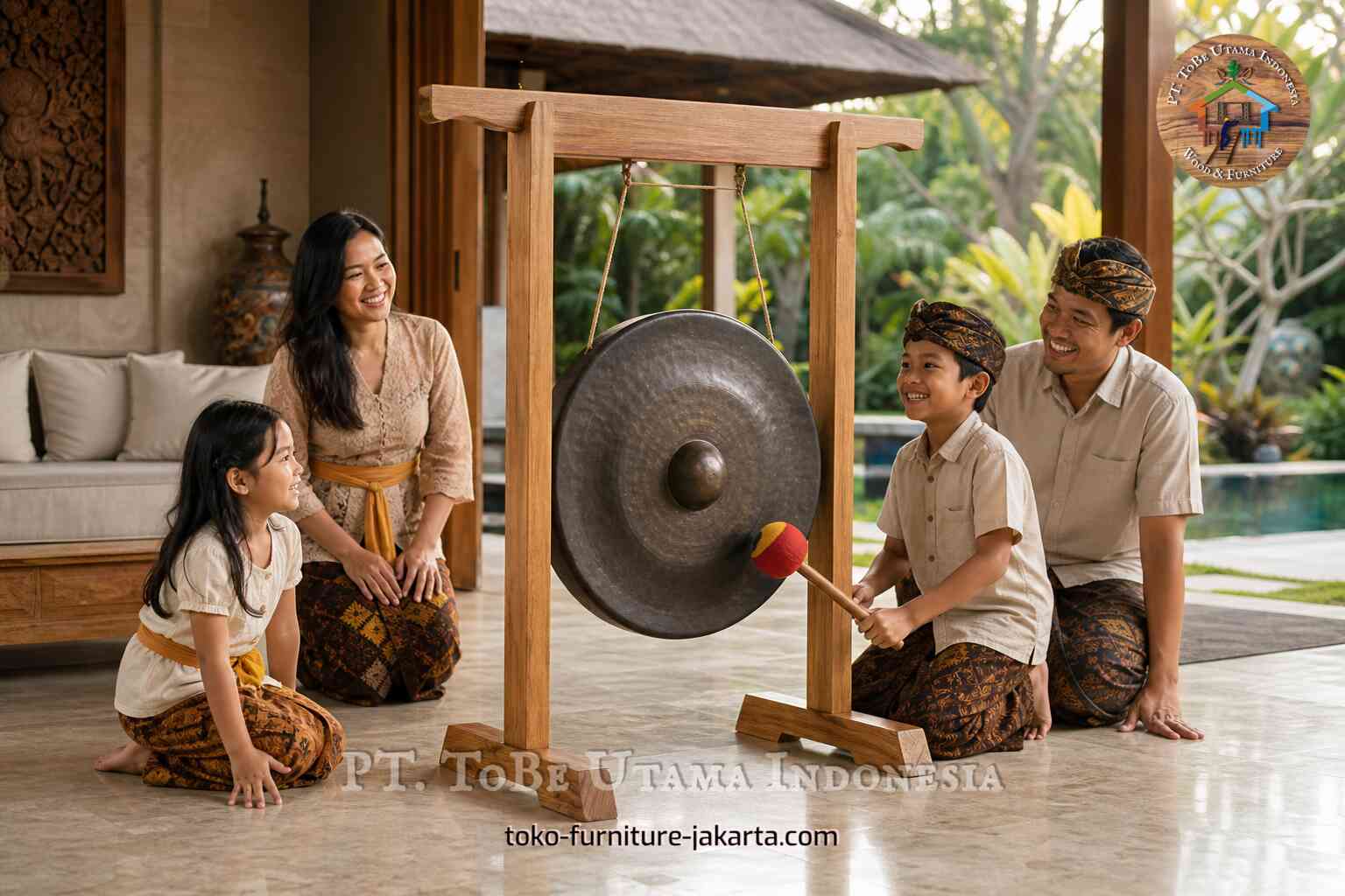 Hanging gong on a wood stand in a villa family scene