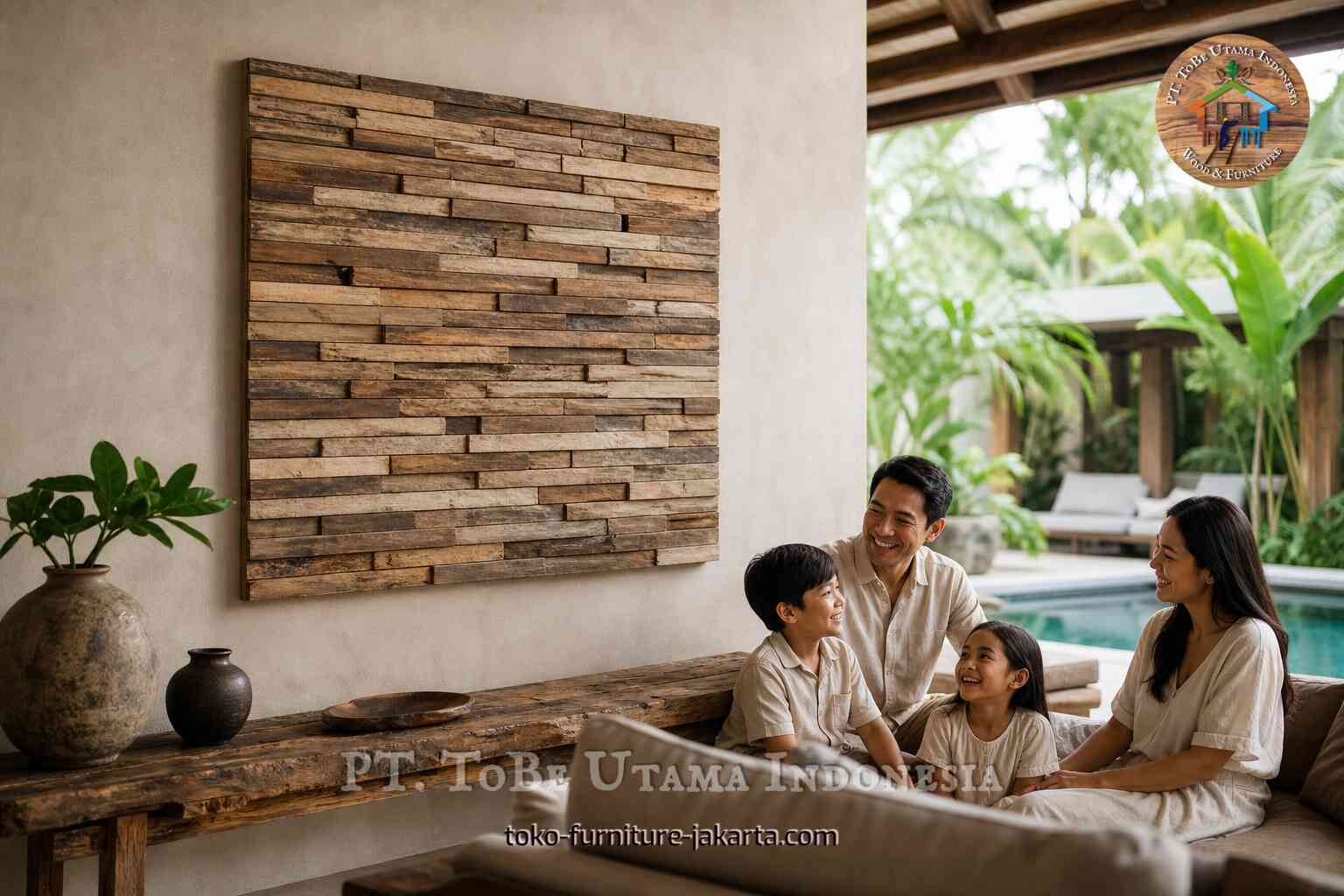 Hiasan dinding kayu berbentuk persegi panjang di atas konsol di ruang tamu tepi kolam renang.