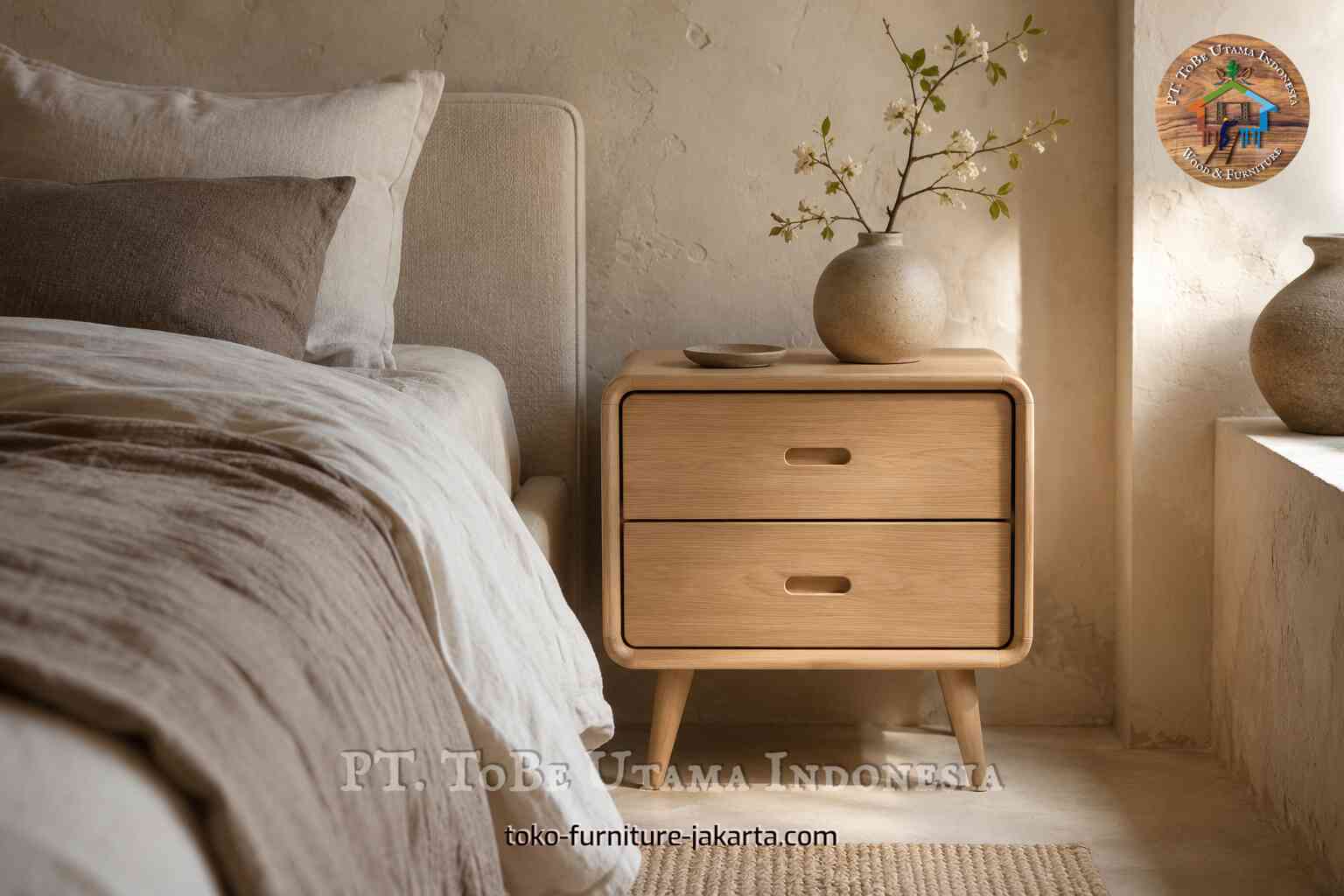 Meja nakas kayu dua laci di samping tempat tidur di kamar tidur bernuansa netral.