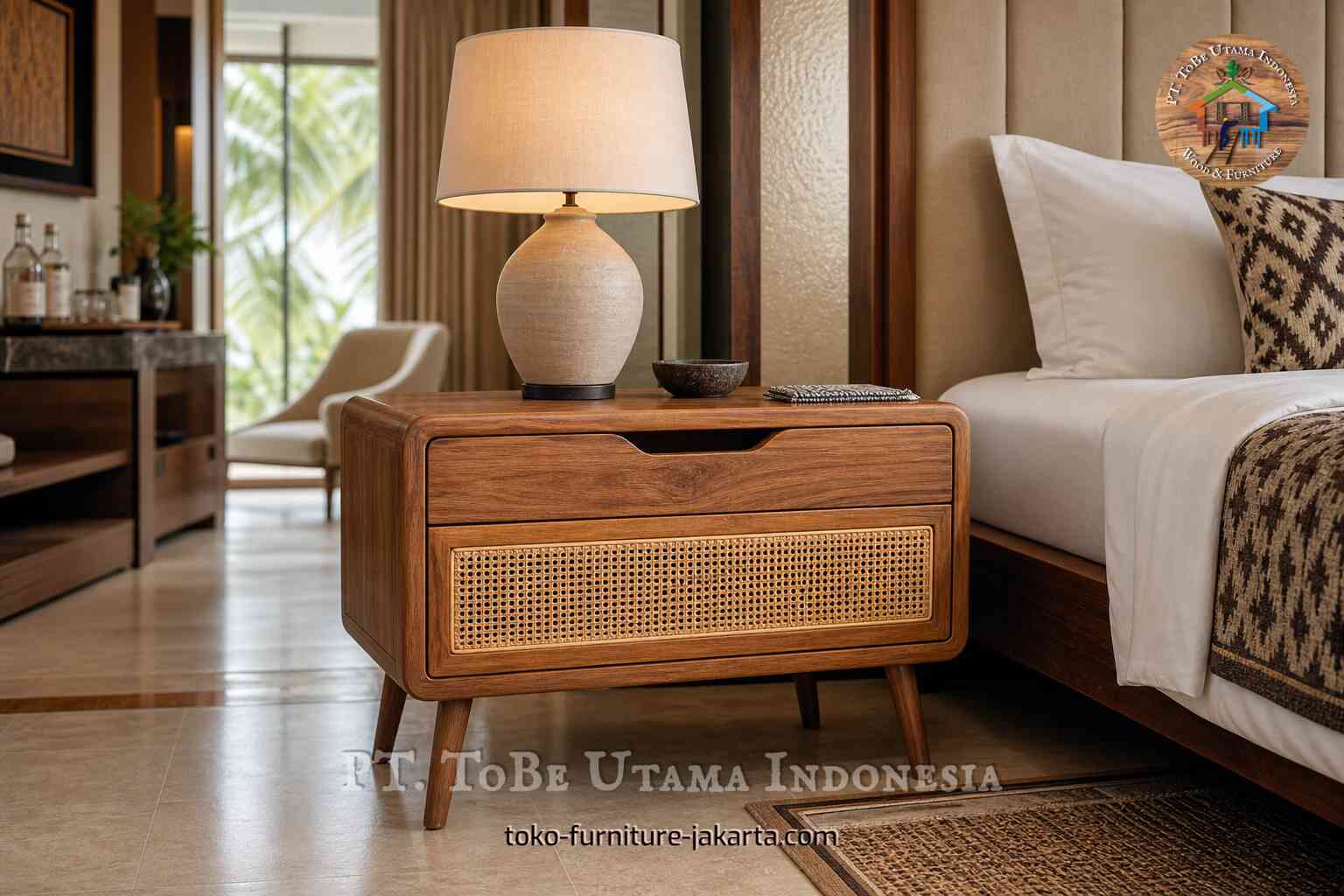 Meja nakas kayu dengan panel depan anyaman di samping tempat tidur hotel