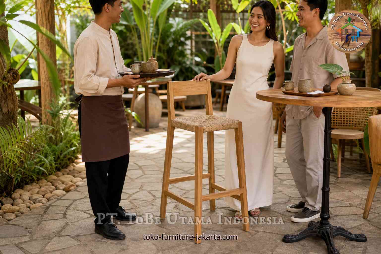 Bangku bar tinggi berbahan kayu dengan dudukan anyaman di lingkungan kafe luar ruangan.