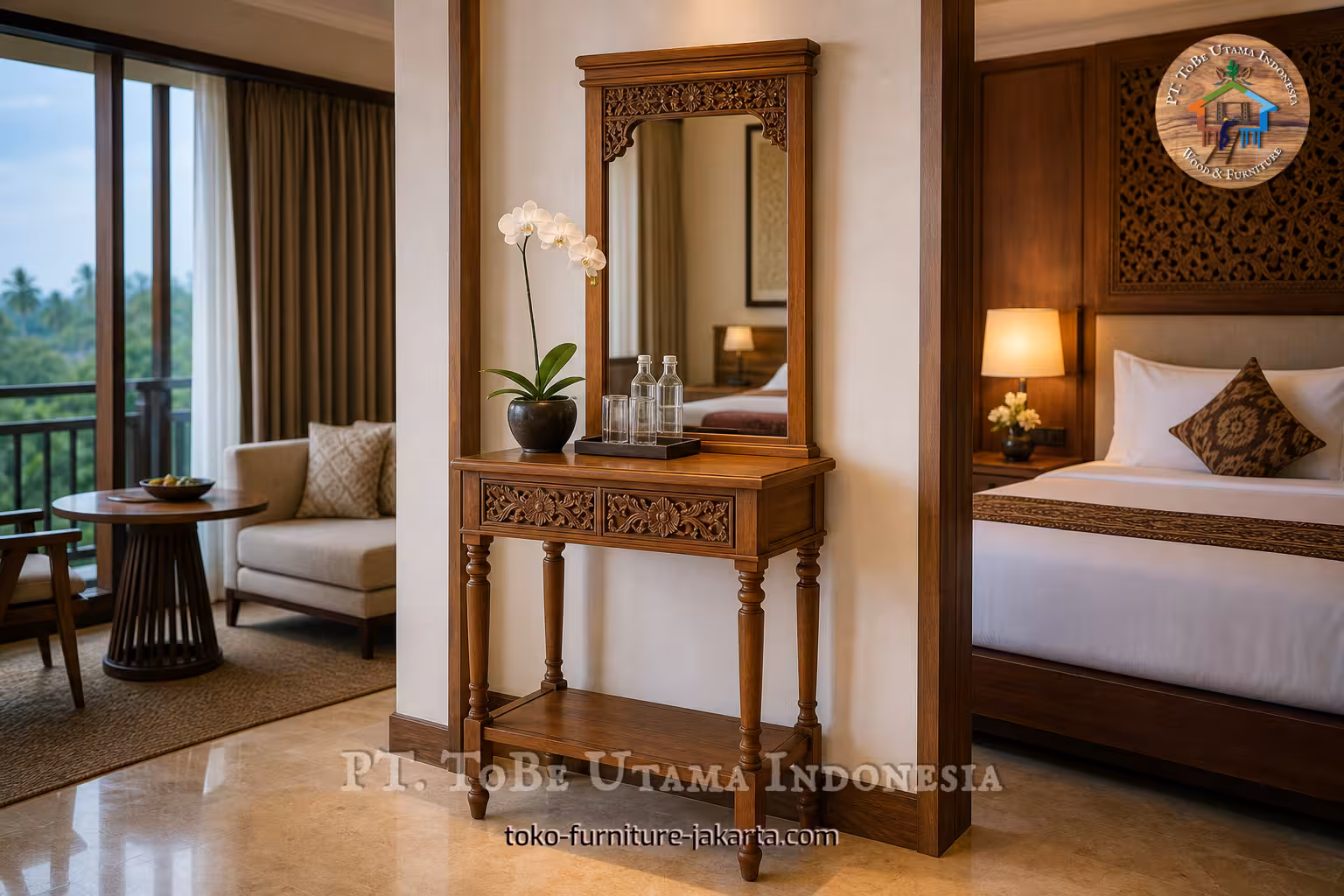 Meja rias kayu dengan cermin dan ornamen bunga di kamar hotel.