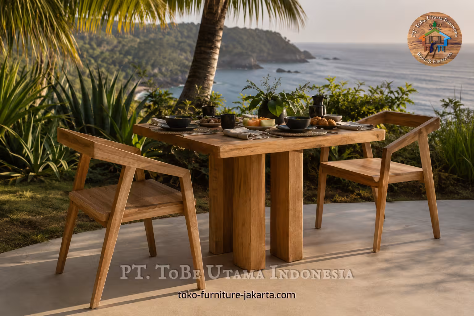 Wood dining chairs around a table on an ocean-view terrace