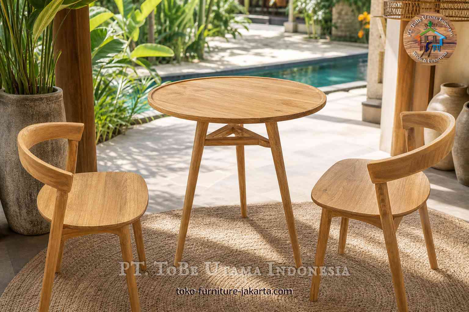 Round wood cafe table with two chairs on a poolside terrace