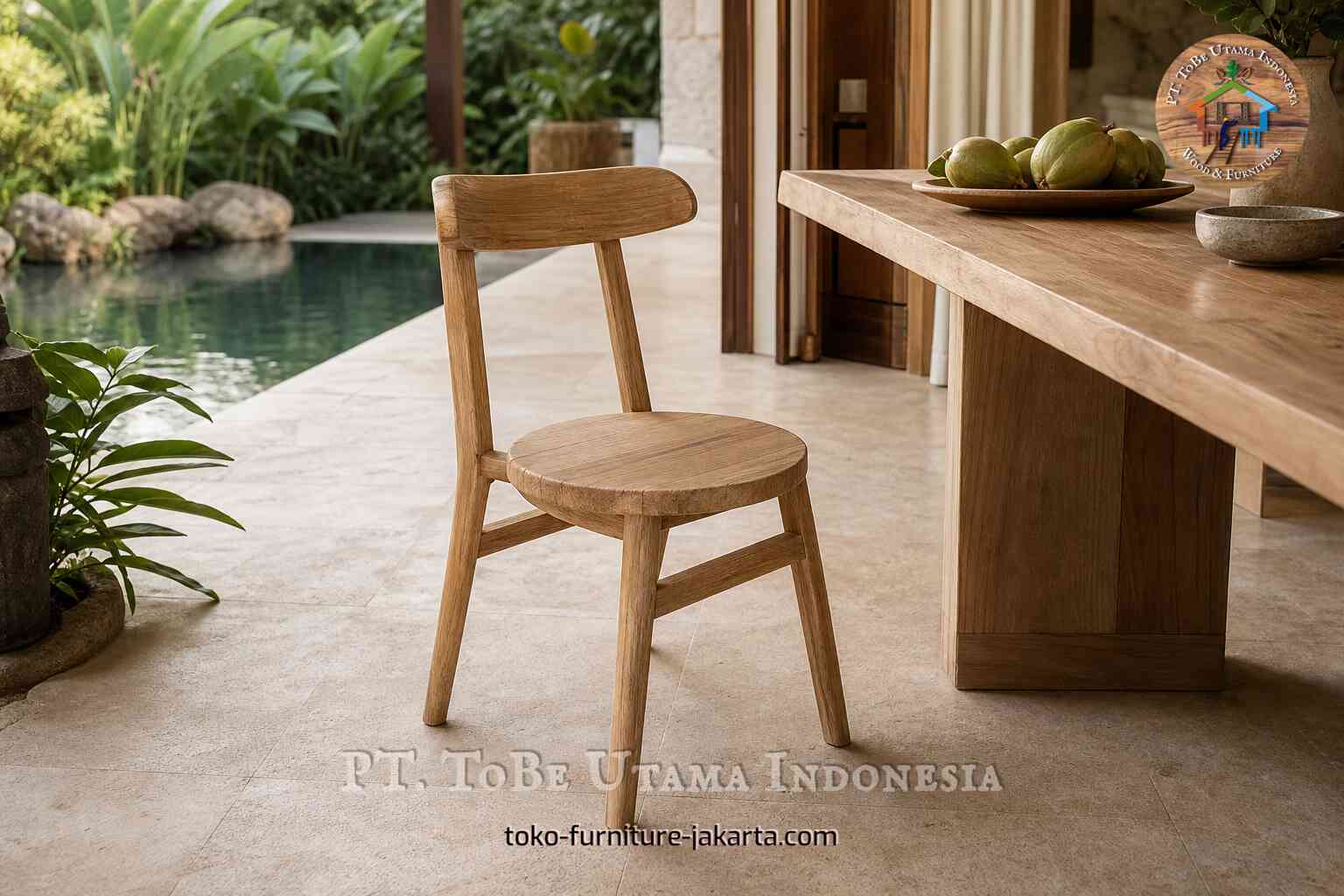 Single wood dining chair beside a poolside table