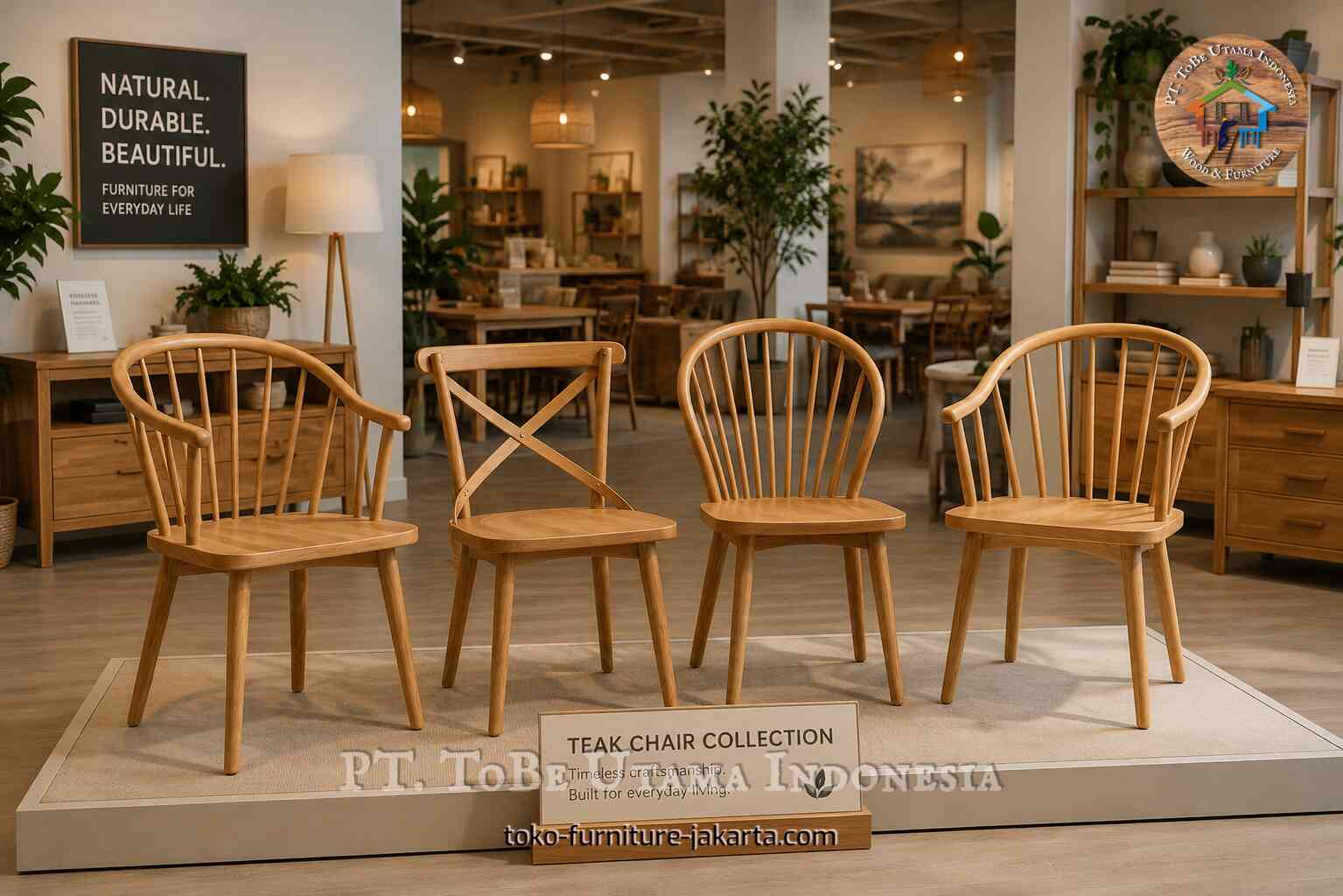 Wood chair collection displayed on a showroom platform