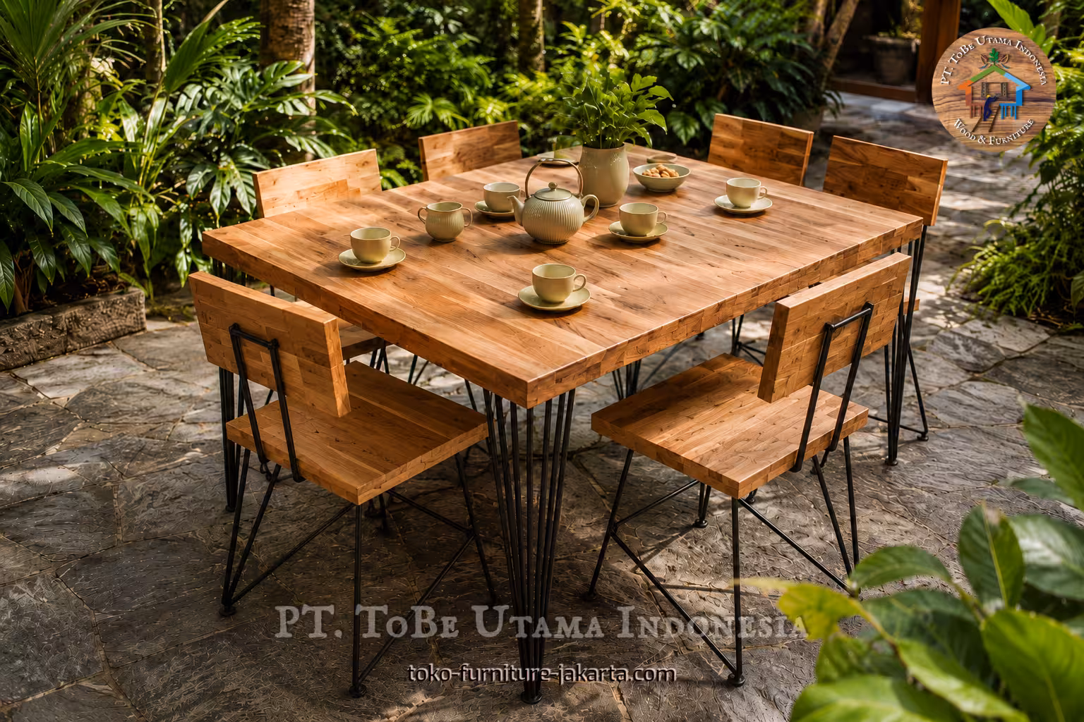 Square wood dining set with metal legs on a garden patio