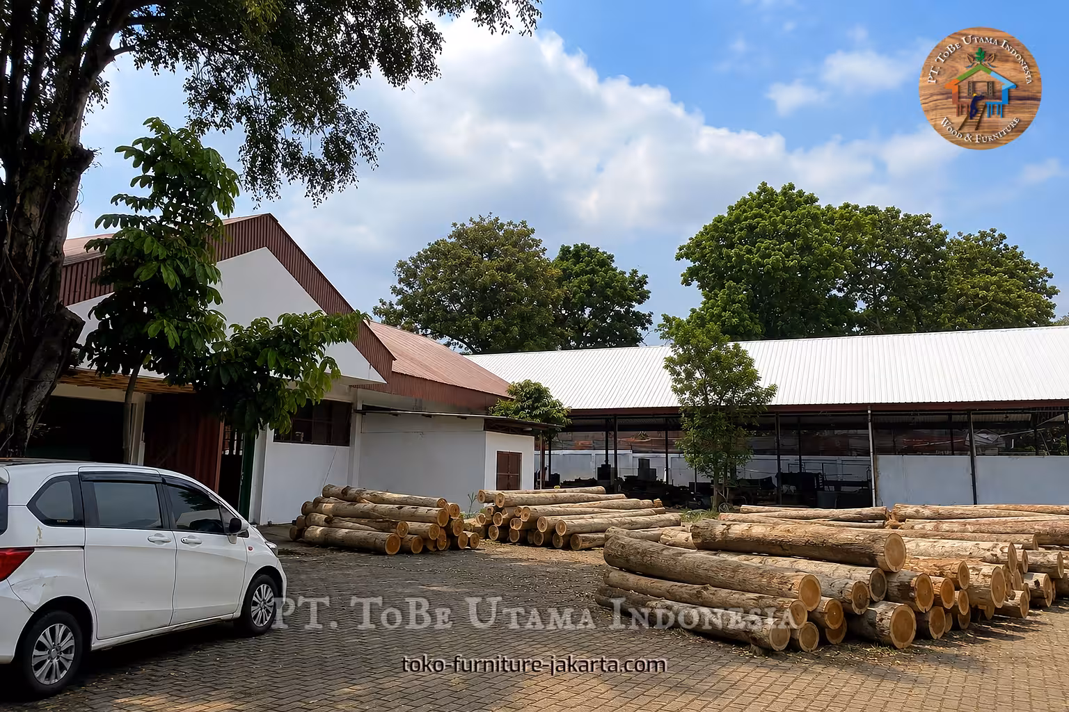 Stacks of wood logs in a factory yard