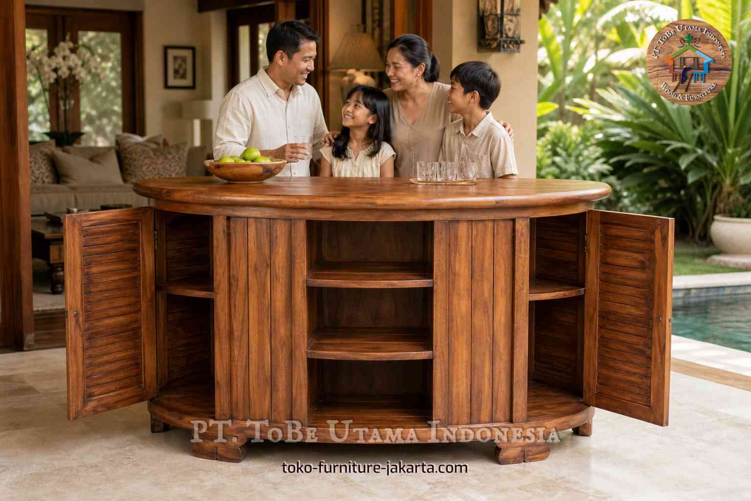 Lemari bar bundar berbahan kayu dengan pintu terbuka di samping kolam renang.