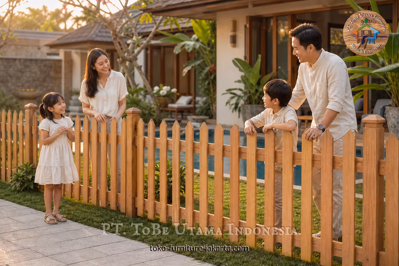 Wood picket fence around a family garden pool area
