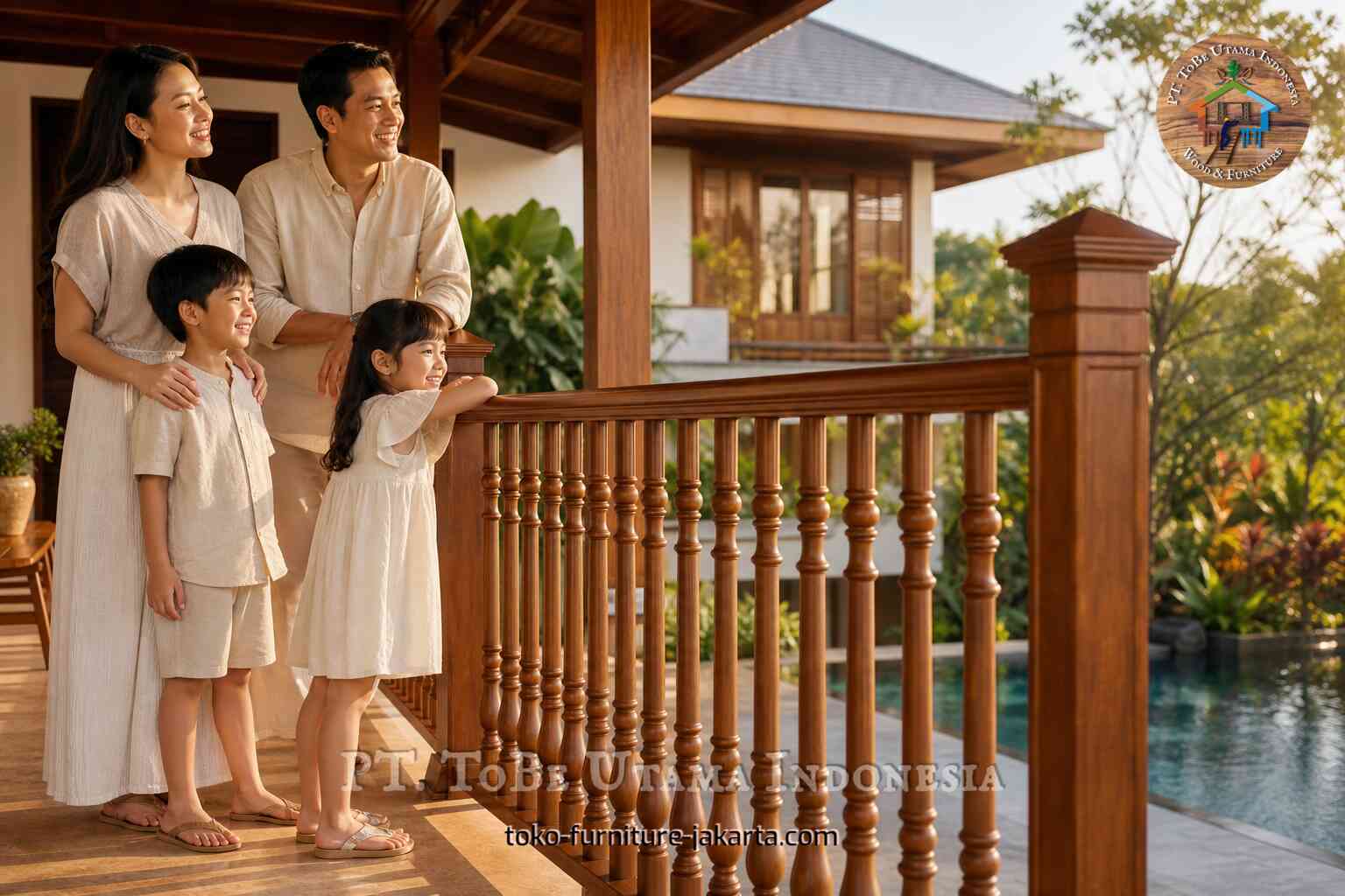 Wood balcony railing with balusters on a poolside terrace