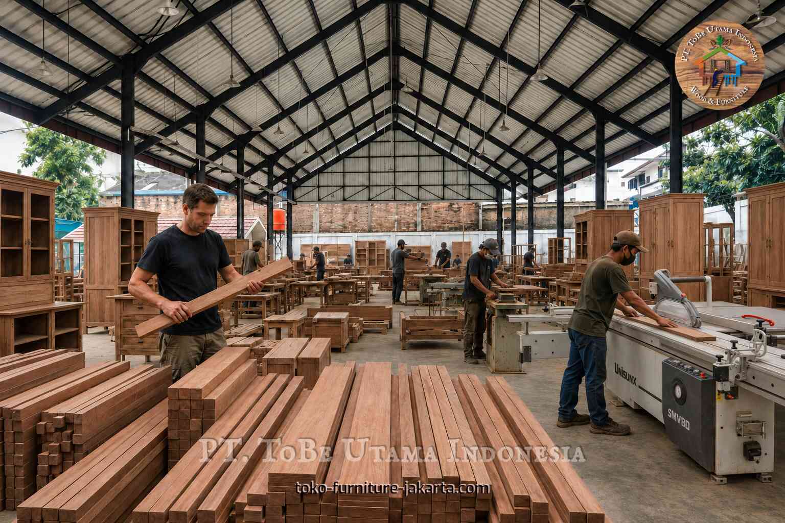 Tumpukan papan kayu di bengkel furnitur