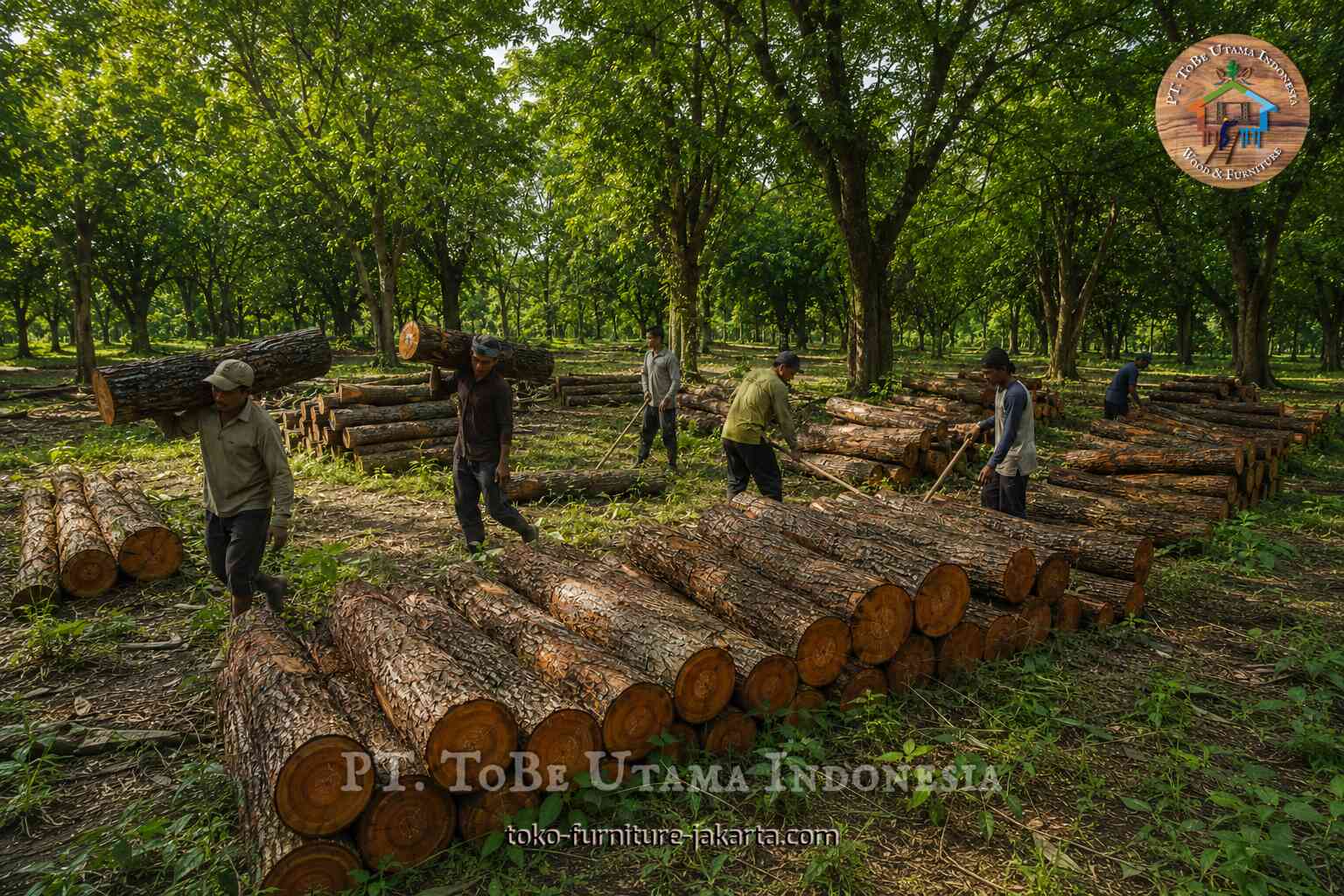 Tumpukan kayu gelondongan yang ditangani oleh para pekerja di halaman hutan.