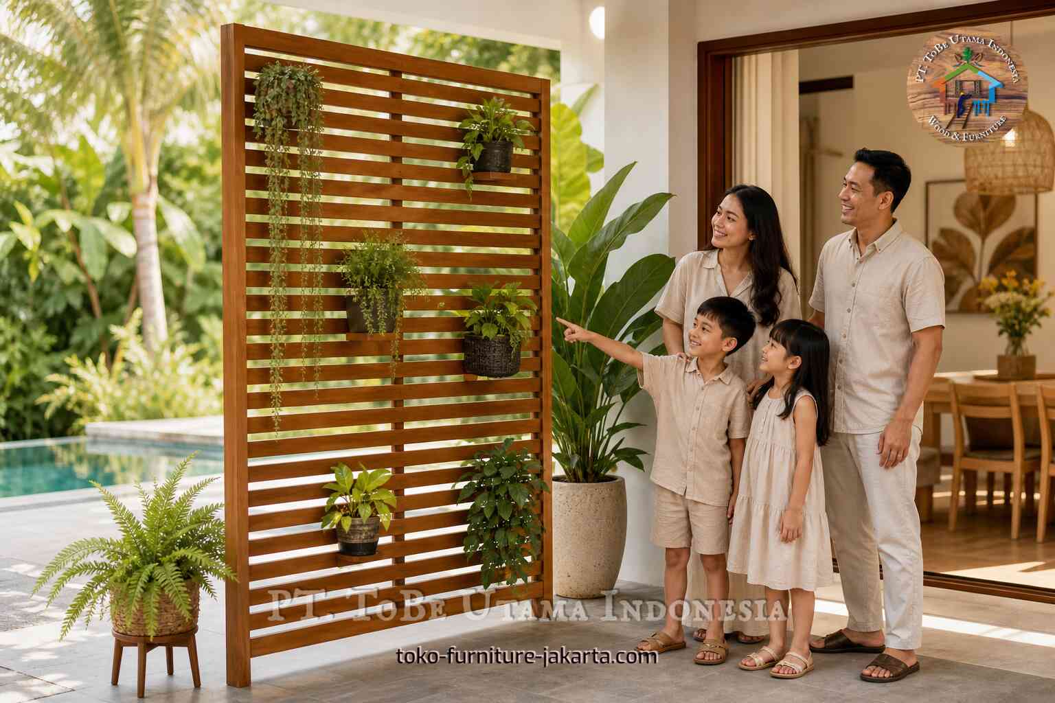 Plant pots mounted on a wood slat wall beside a pool terrace