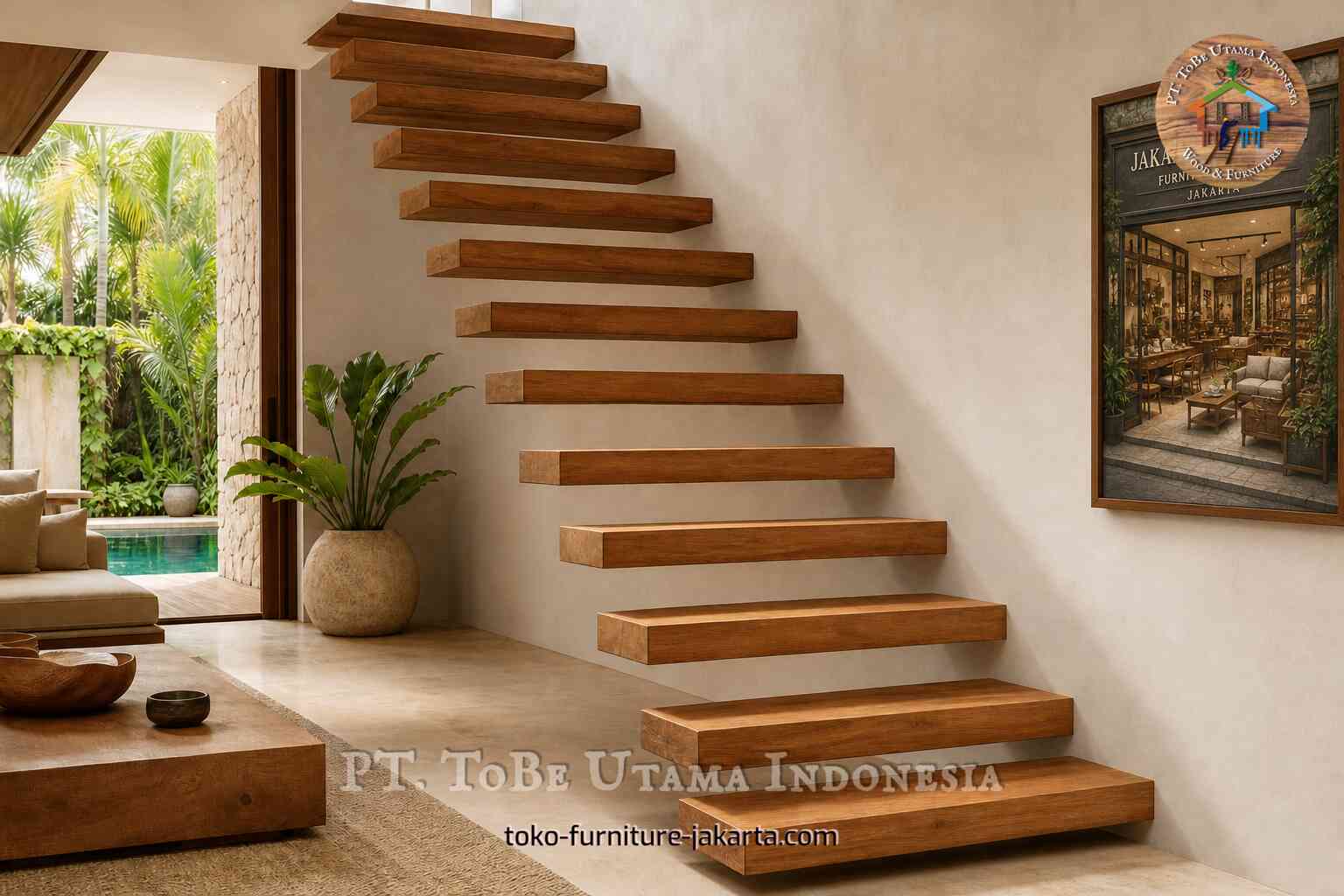 Anak tangga kayu pada tangga interior modern