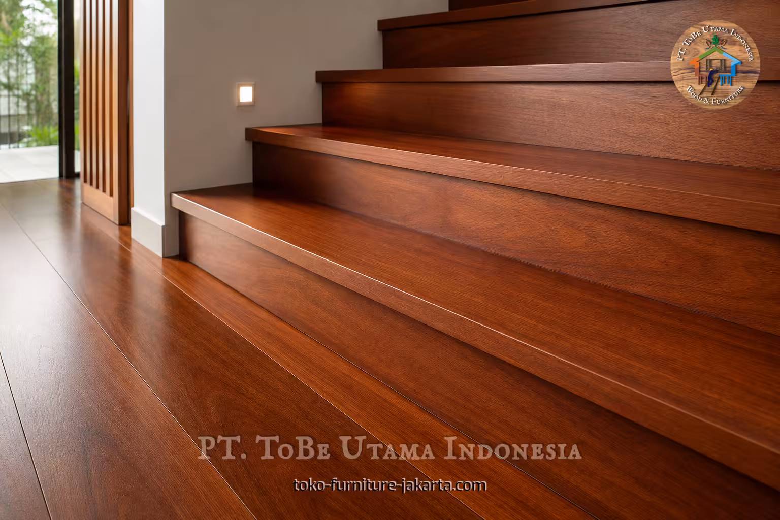 Dark wood stair treads on an interior staircase