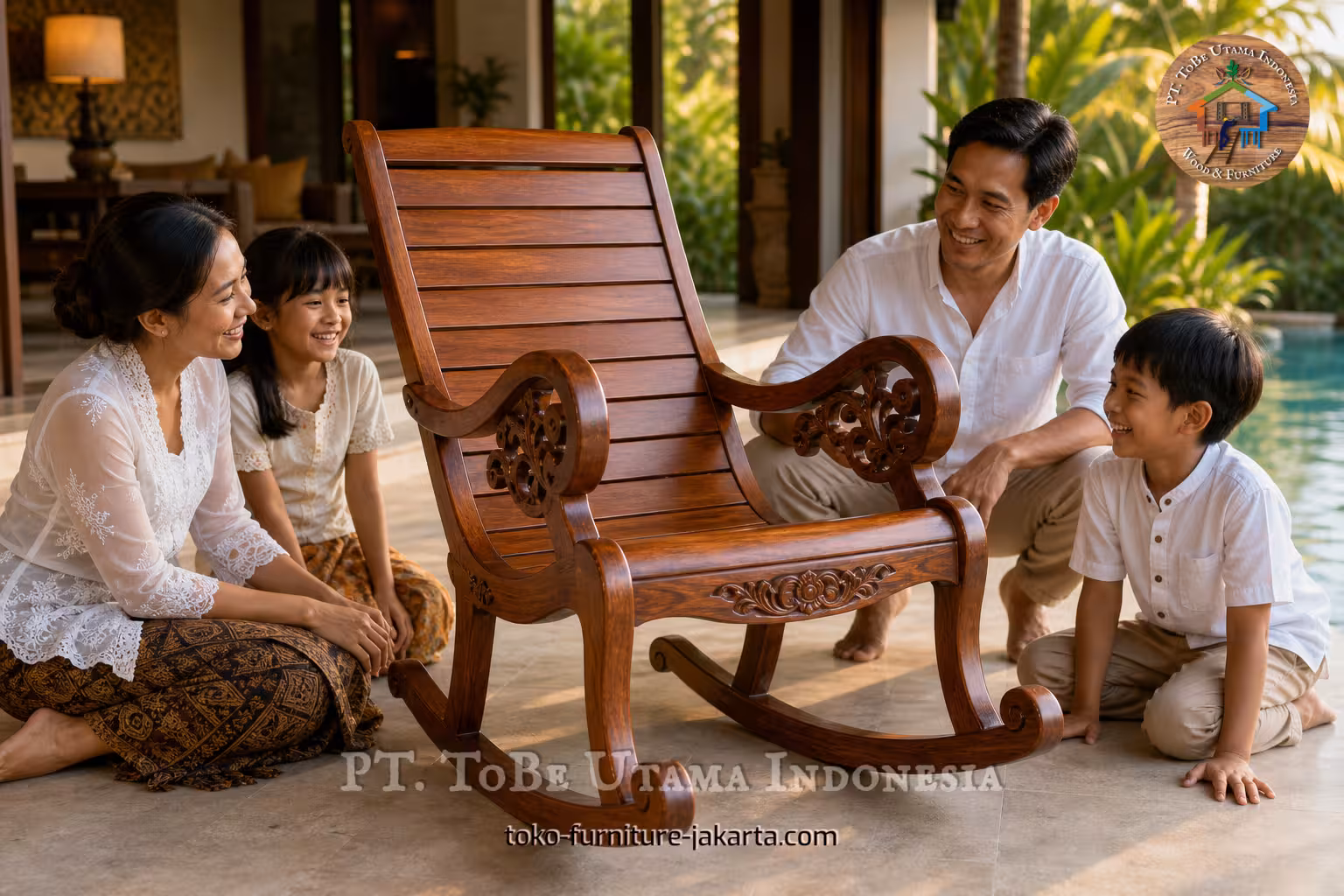 Carved wood-finish rocking chair on a covered terrace near a pool