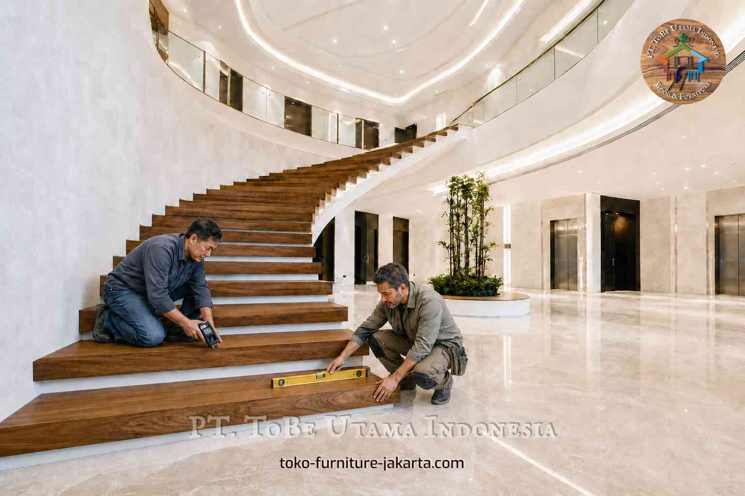 Wood stair treads being checked in a bright lobby staircase