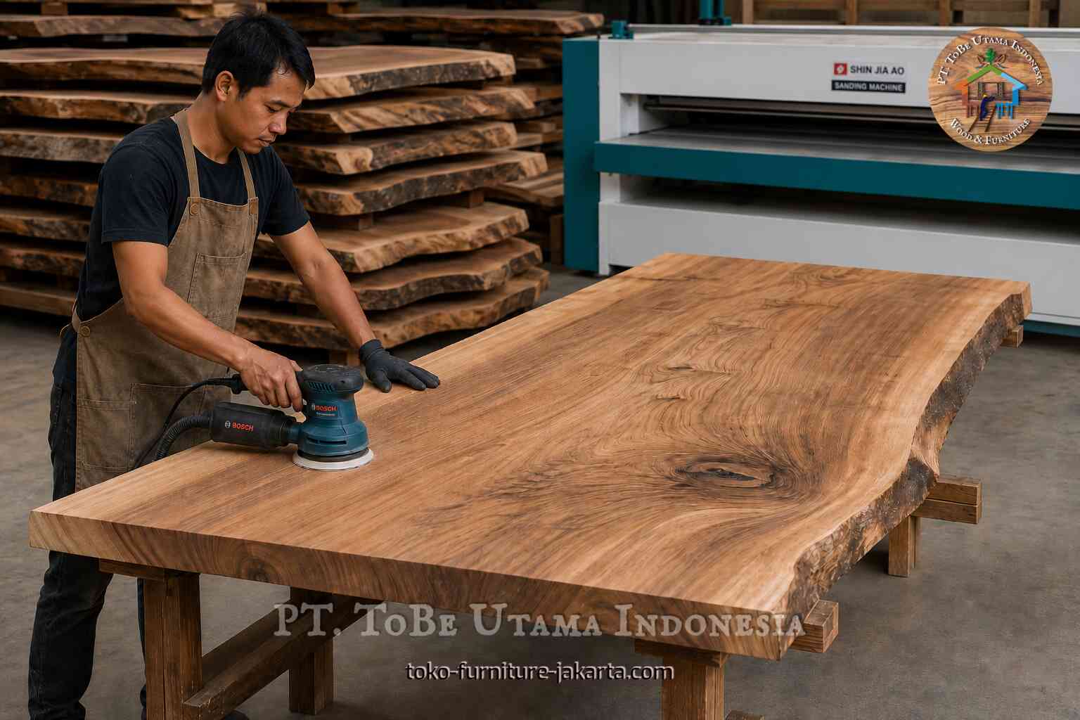 Sebuah lempengan kayu besar untuk permukaan meja sedang diampelas di bengkel.