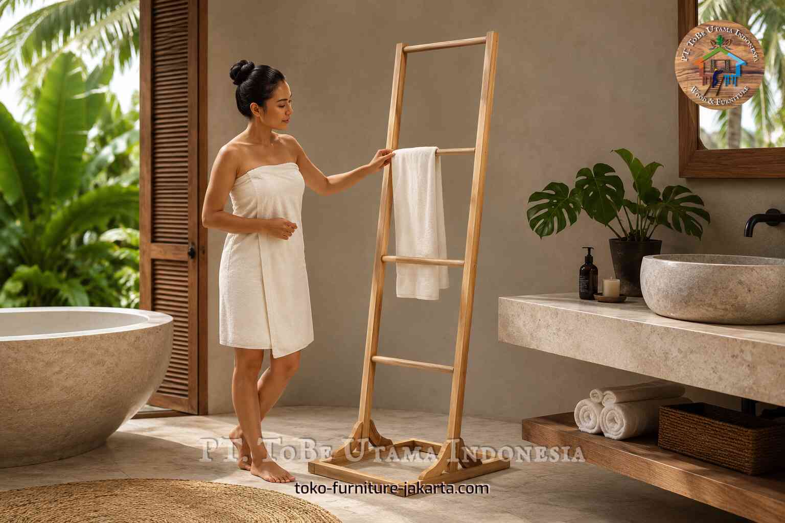 Freestanding wood towel rack in a tropical bathroom