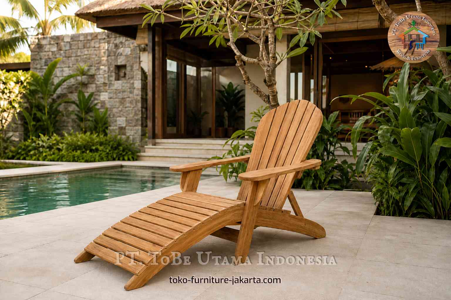 Kursi santai bergaya Adirondack dari kayu di samping kolam renang